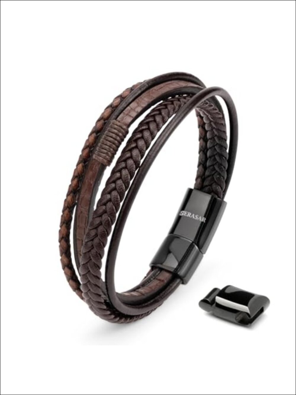 Genuine Leather Bracelet with Stainless Steel Magnetic Clasp, Braided Cuff